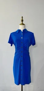 NEW! Michael Kors Button Front Ruched Shirt Dress Stretch Pull-On Blue $140 NWT - Picture 1 of 4
