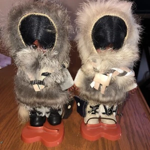2 Vintage Fur & Leather Eskimo Inuit Native American Dolls - Eyes Open/Close 6” - Picture 1 of 8