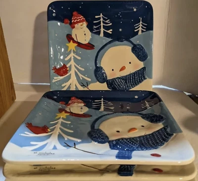 (Set 3) St Nicholas Square LET IT SNOW 9.25" Plates Snowman Winter Holidays NEW - Image 1 of 4