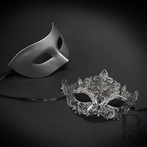 Masquerade Mask for Couples Silver Luxury Venetian Couples Masks W7344, M7110 - Picture 1 of 4