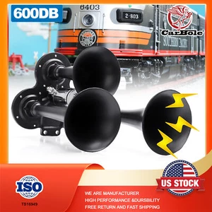 NEW HORNS Train Air Horn 3 Trumpets Black for Truck/Car/SUV Loud Sound 12v/24V - Picture 1 of 11