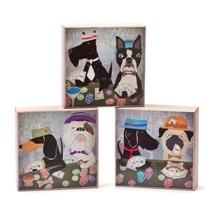 DOGS ROCK POKER PARTY WALL DECOR 3PCS 6"x6"x2" WOOD BOXES DEMDACO 2014 NEW - Picture 1 of 7