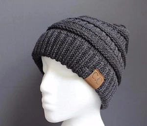 Dark Grey Gray ski hat chunky thick knit slouch cap beanie winter crochet hat - Picture 1 of 7