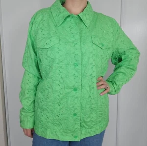 Quacker Factory Vintage Cotton Seed Pearls Eyelet Embroidered Green Jacket XL NW - Picture 1 of 19