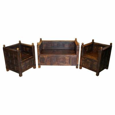 Stunning Suite Of Antique Anglo Indian Circa 1880 Oak & Iron Bound Hall Seats • 4,186.68$