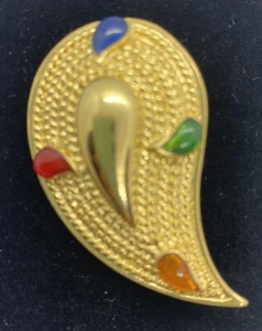 Gold Tone Smooth / Textured Multicolor Enamel Paisley Teardrop Brooch Pin - Picture 1 of 1