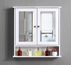 Bathroom Wall Cabinet Storage Cupboard with Mirror Wooden Shelves White - Picture 1 of 10