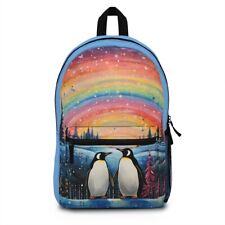 Backpack Penguins Snowy Landscape Trees Sparkly Sunset Rainbow Bright Colors 