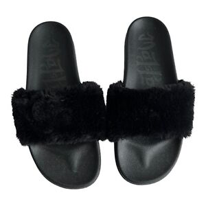 MAD LOVE Women Slides Slippers Shoes Black Faux Fur Size11