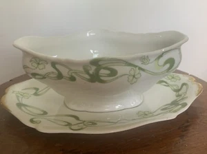 Antiguo WM GUERIN Limoges Francia Gravy Barco y Plato Art Nouveau Vides Verdes - Imagen 1 de 9