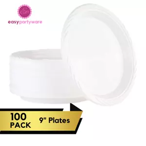 100 Disposable Plates Heavy Duty White Plastic Plates Reusable Microwave Safe - Picture 1 of 26