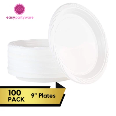 100 Disposable Plates Heavy Duty White Plastic Plates Reusable Microwave Safe - Image 1 of 4
