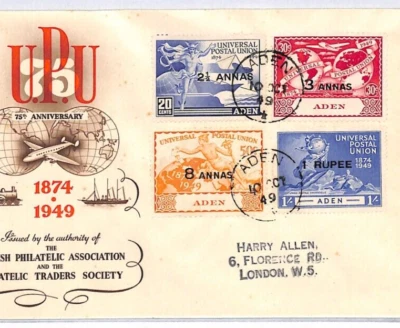 ADEN FDC 1949 *UPU* ANNIVERSARY Set Illustrated First Day Cover {samwells}YJ242 - Image 1 of 4