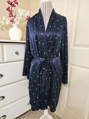 Morgan Taylor Intimates Women`s Blue Polka Dots Satin Wrap Robe Sz. L - Image 1 of 4