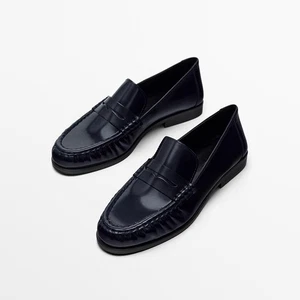 Massimo Dutti Women's Leather Loafers Slip On Round Toe Navy Blue Casual Shoes - Picture 1 of 5