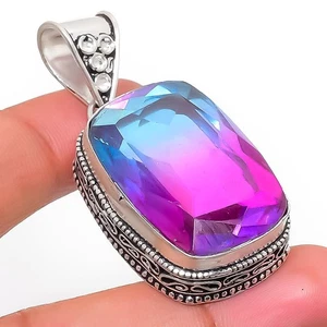Bi-Color Tourmaline Gemstone Handmade 925 Sterling Silver Jewelry Pendant 1.97" - Picture 1 of 5