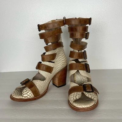 Freebird By Steven Bond Gladiator Sandals Boots Size 9 Cream Brown Snake Print - Image 1 of 4