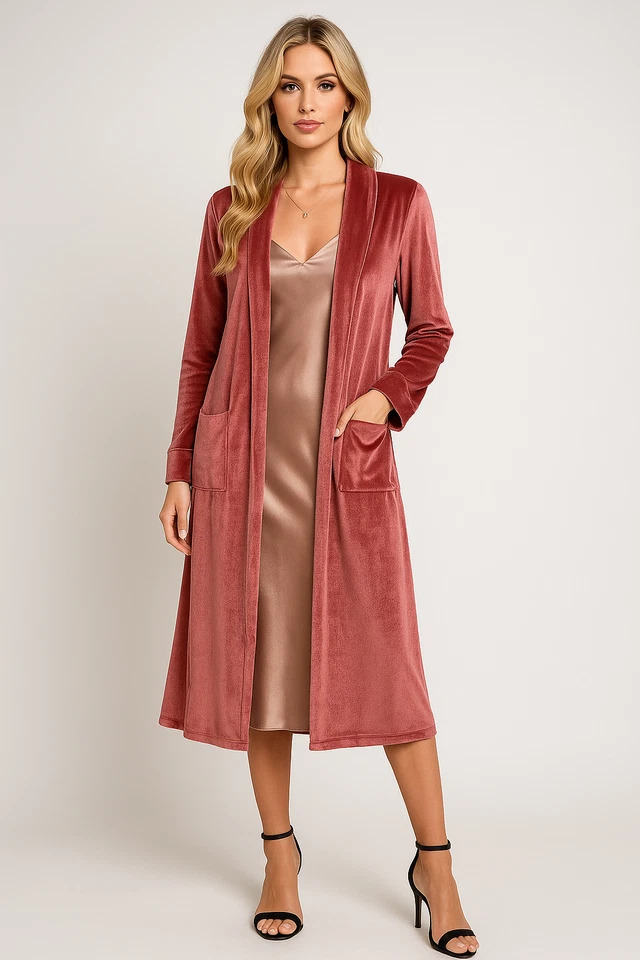 粉红色天鹅绒掸子开衫女式 M 开放舒适柔软长款外套奇思戈特 — 第 1/4 张图片