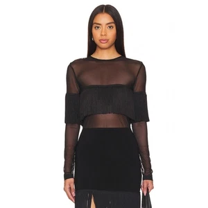 Norma Kamali Langarm Rundhals Fransen Top durchsichtig Netz Statement Edgy schwarz MD - Bild 1 von 9
