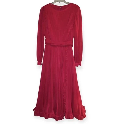 Vestido plissado vintage Miss Elliette maxi rosa chiffon tamanho 10, mangas plissadas - Imagem 1 de 4