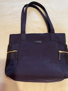 Vera Bradley Navy Blue Quilted Travel Tote Shoulder Handbag  Gold Zipper Pockets