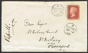 1869 1d Red Pl 133 AA Scarce Bristol Cloth Covered Cancel to Hereford - Picture 1 of 1