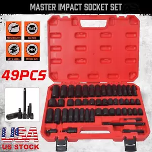 3/8 Inch Drive Master Impact Socket Set 49-Piece 6-Point SAE/Metric Bit Tool Kit - Picture 1 of 15