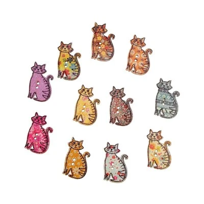 Комплект из 10 УКРАШЕННЫХ КОШЕК 2-отверстия 1-1/4 дюйма x 3/4 дюйма белые деревянные кнопки (1022) для рукоделия - Изображение 1 из 4