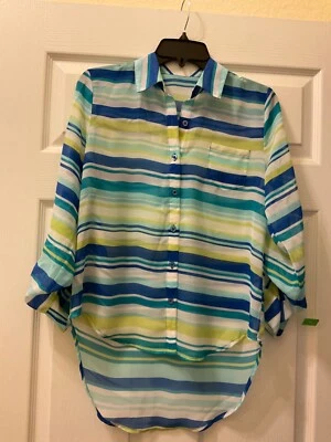Blusa Papaya Azul Verde Blanco Rayas Alta Baja Ligera Para Mujer Talla Pequeña S Foto 1 de 4