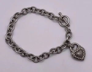 Rhodium Plated Sterling Silver Lock Heart Charm & Diamond Rolo Bracelet - Picture 1 of 8