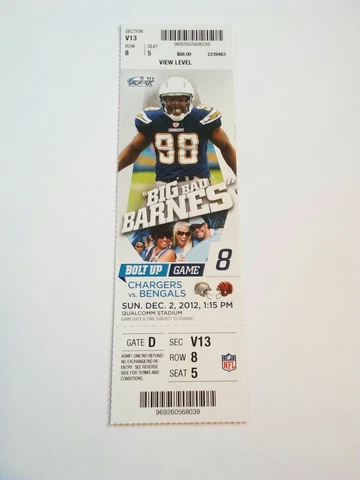 2012 San Diego Chargers Cincinnati Bengals NFL Football Full Ticket Stub Cover