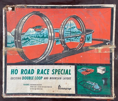 Marx 1960's HO Scale Road Race Slot Car Track Set Double Loop & Mountain Penneys - Image 1 of 4