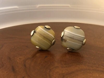 Vintage Gold Tone Anson Modernist Cufflinks Large Green Shades Agate Stone - Image 1 of 2