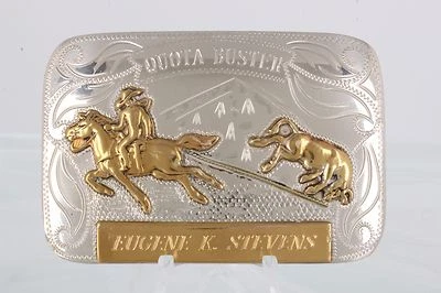 RENALDE SOLID NICKEL FRAM 1957 "EUGENE K. STEVENS" RODEO COWBOY BELT BUCKLE 8366 - Image 1 of 2