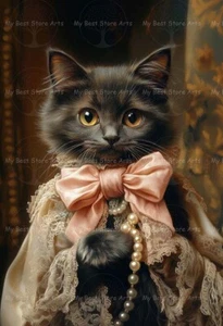 ELEGANT CAT ART PRINT, Victorian, Cottagecore Decor, Animal Portrait Poster E591 - Picture 1 of 2
