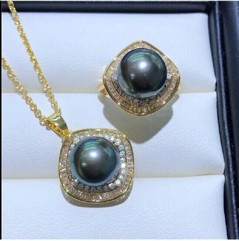 new Gorgeous AAAA10-11mm natural south sea ROUND Black pearl pendant & ring set - Image 1 of 4
