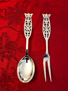 Antique Norwegian 830 Silver Large Serving Fork & Spoon Set Beautiful - Picture 1 of 4
