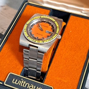 Vintage WITTNAUER Dive Watch ORANGE Dial 1002-W100 Original Box - working - Picture 1 of 11