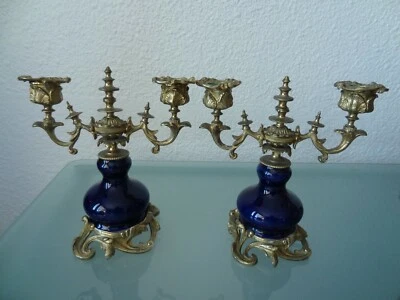 anciens candélabres en bronze doré laiton bleu de sèvres - Photo 1/4