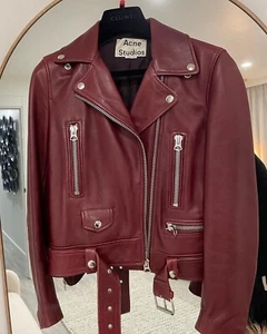 $1550 Acne Studios AUTH Leather Biker Motorcycle Jacket Burgundy Size 34 XS - Picture 1 of 7