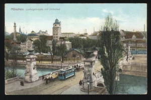 AK München Ludwigsbrücke mit Volksbad und Straßenbahn gel.1909 - Bild 1 von 2