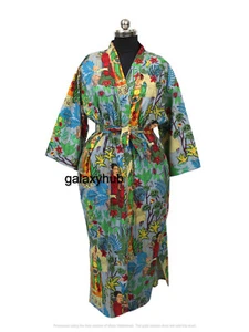 One Size Women Indian Cotton Robe Long Kimono Bath Robe Nightwear Gown Dress - Picture 1 of 5