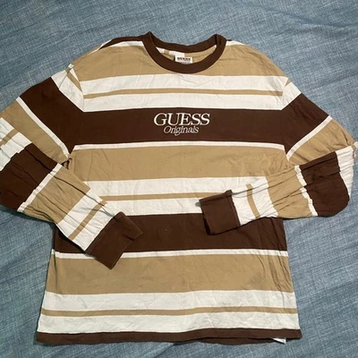 GUESS Originals Long Sleeve Striped T-Shirt Brown Beige White S/P - Image 1 of 4