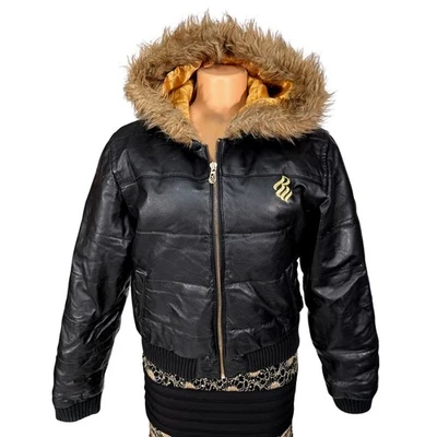 Rocawear Black Vintage Leather Puffer Jacket with Fur Hood & Gold Logo Size XL - Image 1 of 4