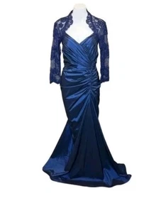 Tadashi Shoji Navy Blue Guipure Lace Taffeta Draped Formal Gown Size 6 - Picture 1 of 19