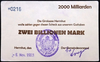 HERRNHUT 1923 XX-RARE UNCATALOGED DENOMINATION! 2 TRILLION MARK German Notgeld - Image 1 of 2