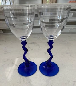 PAIR OF SCHOTT ZWIESEL 8 1/4" TALL ECLAIR COBALT ZIG ZAG STEM WINE GLASSES - Picture 1 of 4