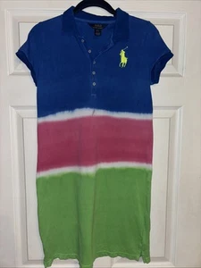 POLO Ralph Lauren BIG Pony Dip Dye Dress Girls L 12-14 Blue Pink Green Pique - Picture 1 of 9