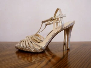 TALBOTS Silver Textured Leather High Heel T-Strap Slingback Sandals Size 8 1/2B  - Picture 1 of 4