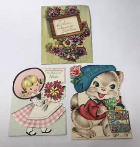 2 Vintage “Niece” Birthday Greeting Cards Cat Girl Flowers Diecut 1940s - Picture 1 of 8